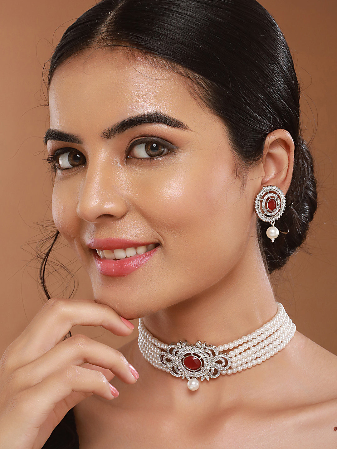 Silver Toned Red Ruby Studded Pearl Beaded Choker Jewellery Set